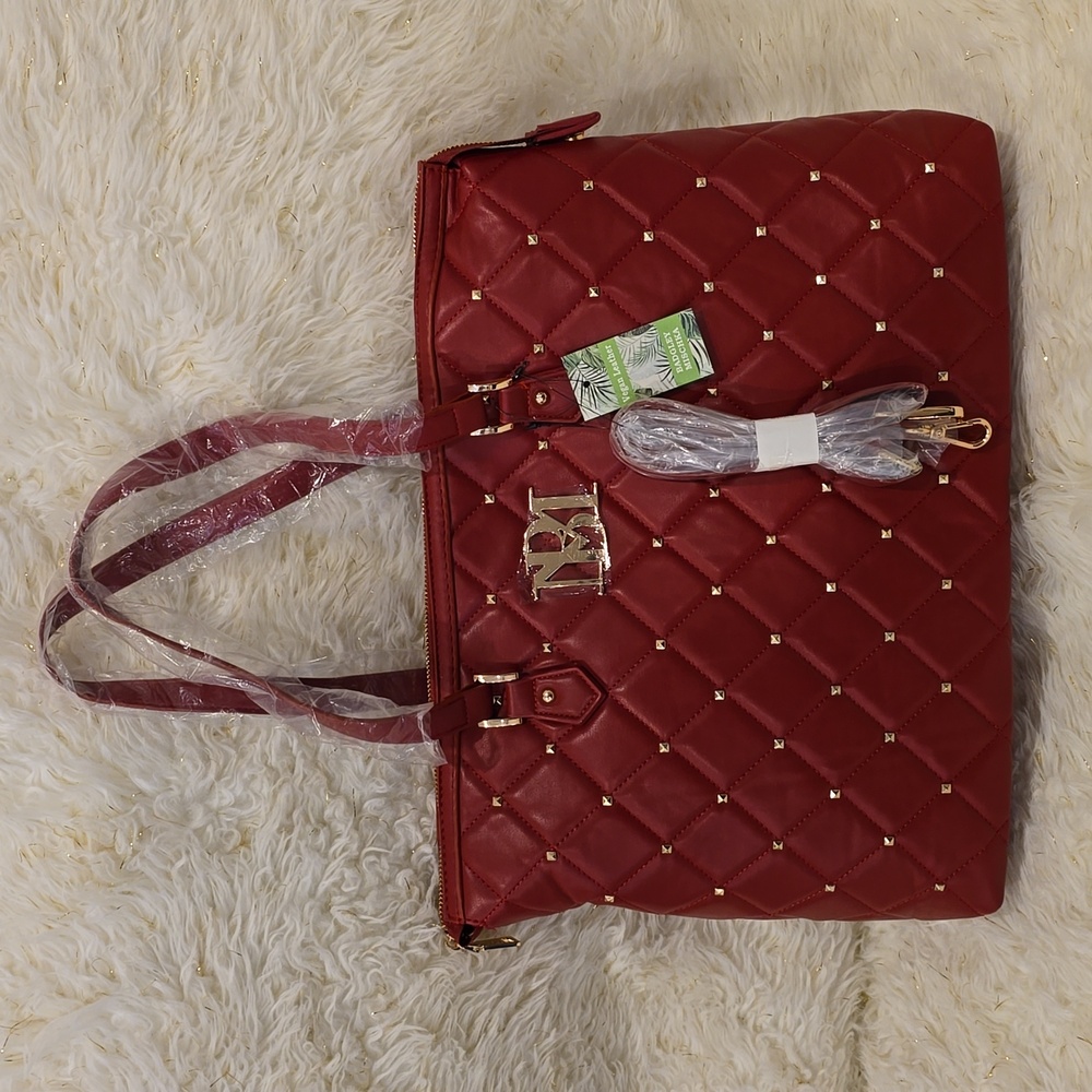 Badgley Mischka Burgandy Quilted Studded Tote